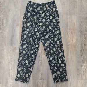 TALBOTS Vintage Floral on Black Cotton Spandex Tapered Casual Pants Size Vtg 12